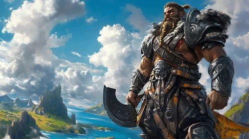 Fantasy Warrior Overlooking Island Landscape