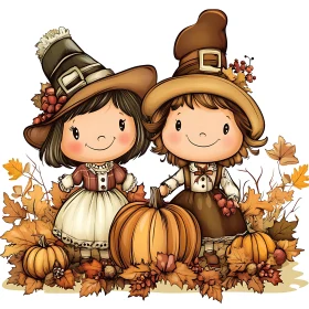 Autumn Harvest: Pilgrim Girls and Pumpkins