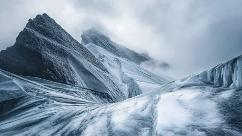 Snowy Mountain Peaks in Misty Atmosphere