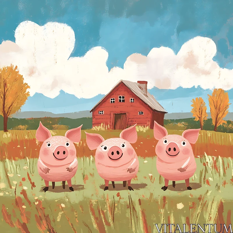 Three Cheerful Pigs in a Countryside Setting AI Image