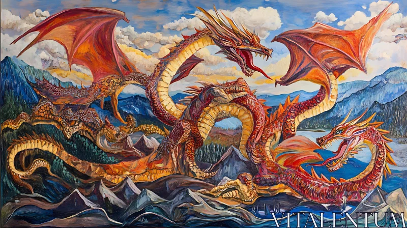 AI ART Fantasy Dragons Painting on Mountain Landscape