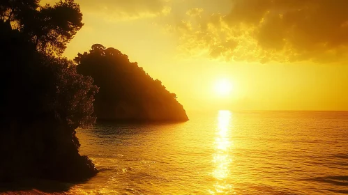 Sunset Over Island and Sea in Warm Golden Glow