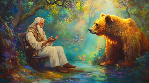 Forest Meeting: Man and Golden Bear