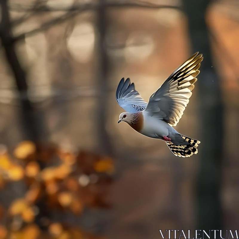 Dove Flying in Fall Forest AI Image