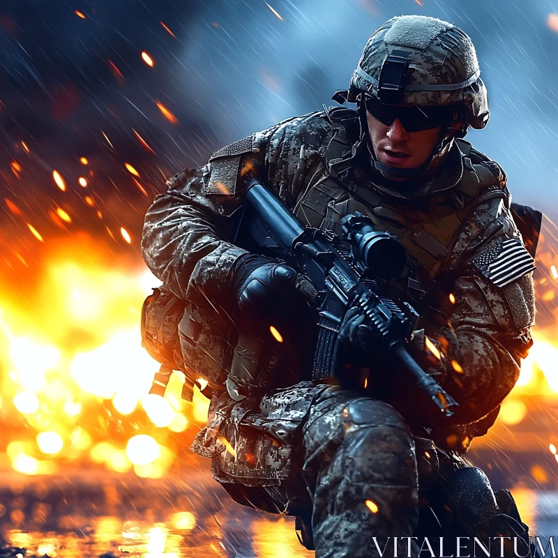 Combat Soldier in Fiery Backdrop AI Image