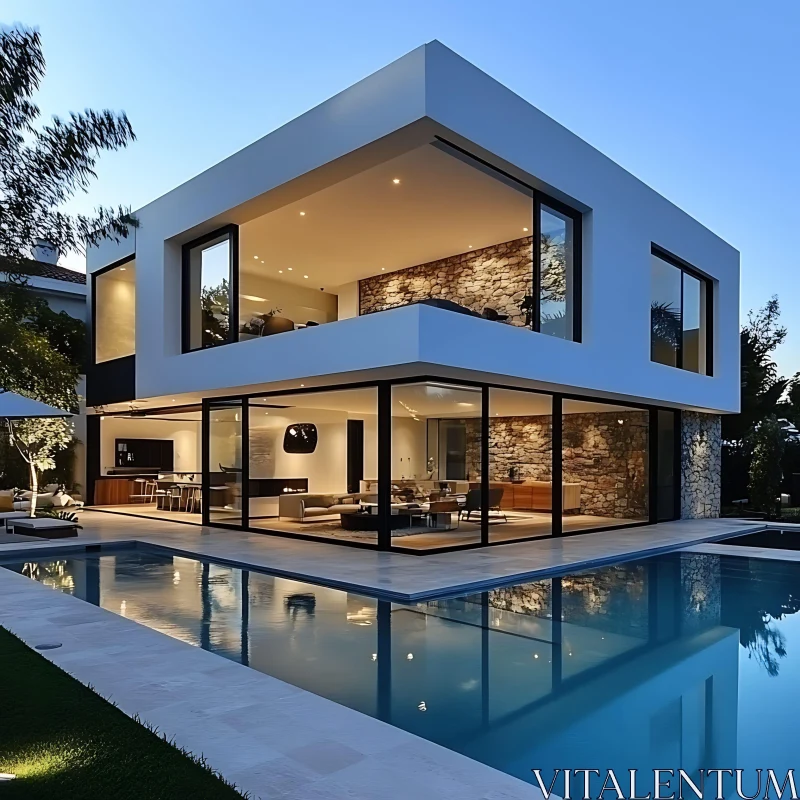 Contemporary Luxury Home with Pool at Night AI Image