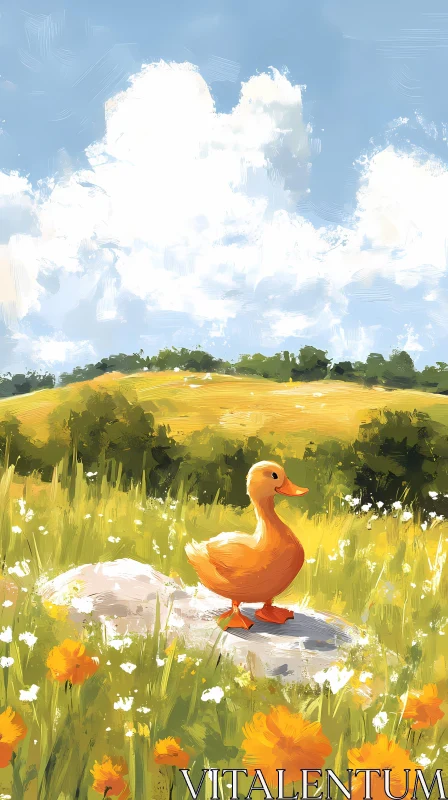 Duck Among Summer Blossoms AI Image