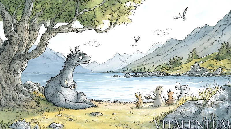 AI ART Whimsical Dragon and Friends by the Lake