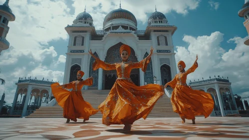 Women dancing in orange dresses