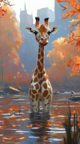 Giraffe Among Autumn Leaves