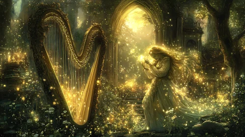 Golden Harp in Magical Forest