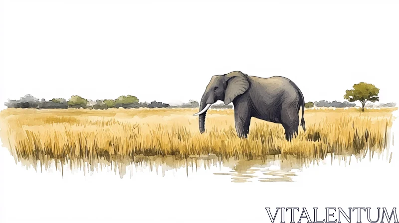 Watercolor Elephant Art in Savannah AI Image