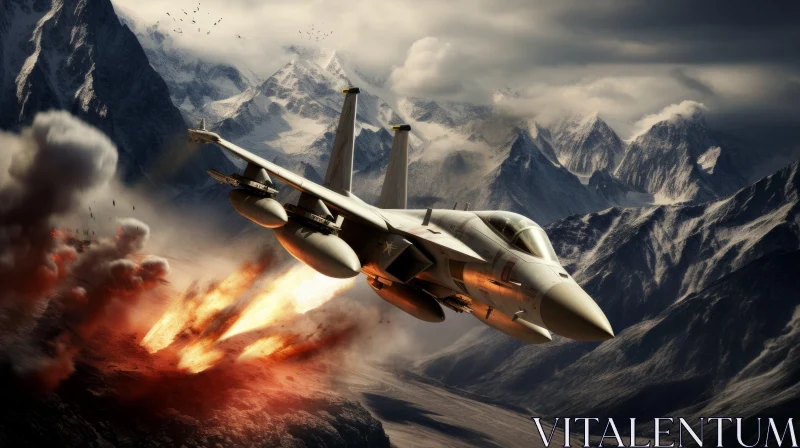 Jet Fighter Ignites the Sky over Mountainous Landscape AI Image