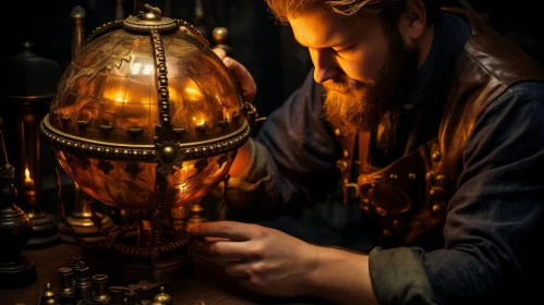 Masterful Artistry: Bearded Man Crafting a Spinning Globe with Mystical Undertones