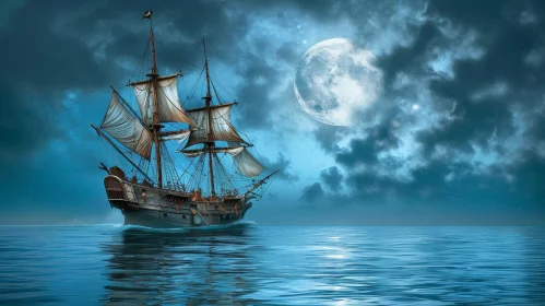 Moonlit Sea Pirate Ship Digital Painting