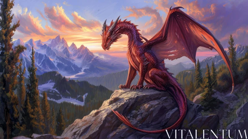 Red Dragon in Majestic Mountain Landscape - Digital Fantasy Painting AI Image
