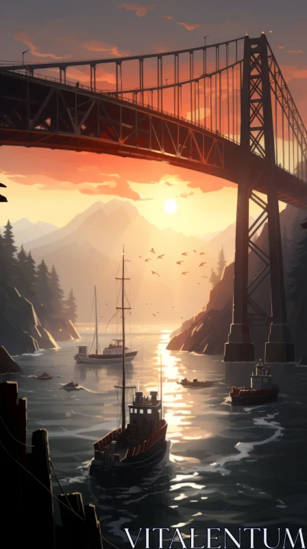 Scenic Bridge Over River with Boats - Captivating Coastal Views AI Image