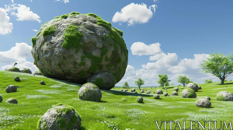 Serene Landscape with Moss-Covered Rock and Green Field AI Image
