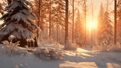 Snow-Covered Forest at Dawn - A Cabincore Winter Scene