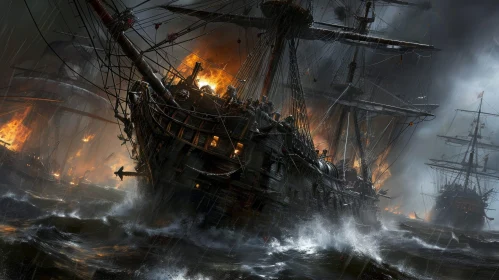 Thrilling Pirate Ship Battle Painting in a Storm