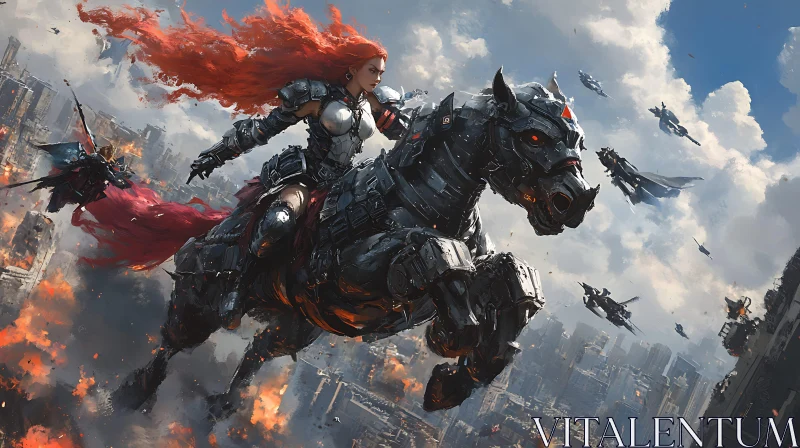 AI ART Cybernetic Horse Rider in Ruined City