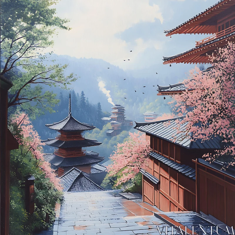 Serene Pagoda View with Blooming Trees AI Image