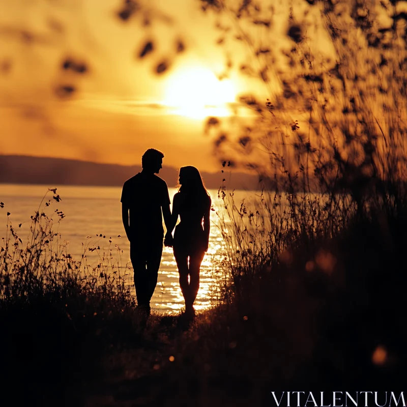 Sunset Romance: A Couple Holding Hands AI Image