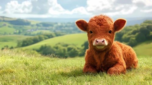 Fluffy Calf in Green Field