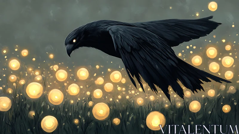 AI ART Mystical Raven and the Glowing Field