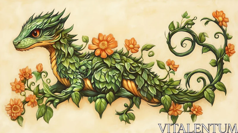 Leaf Dragon with Orange Flowers AI Image