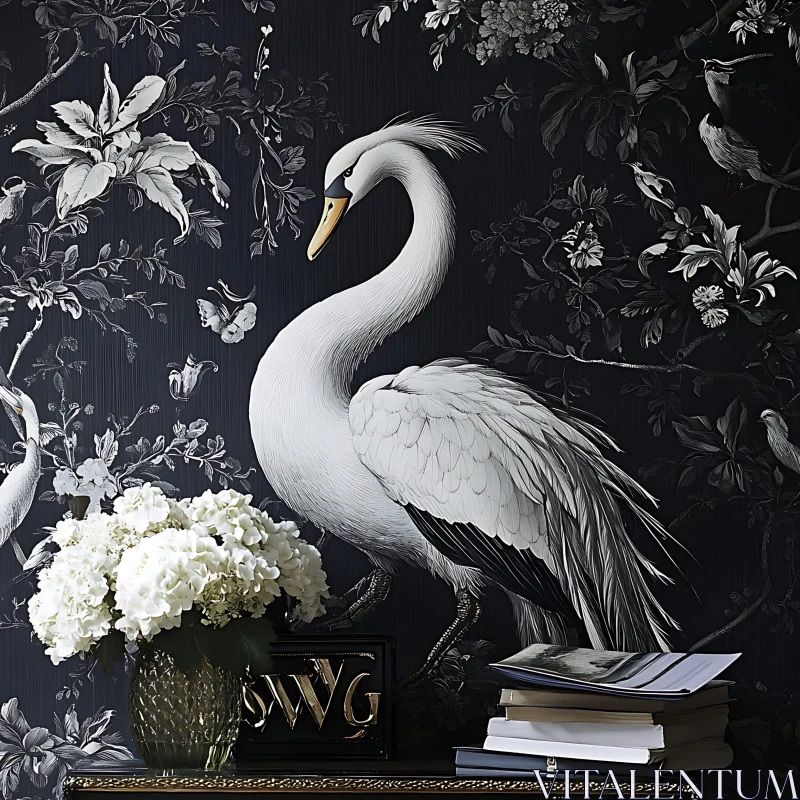 Sophisticated Swan Artwork and Floral Decor AI Image