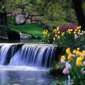 Serene Garden Waterfall with Vibrant Blossoms