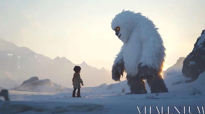 Child and Yeti: A Snowy Mountain Tale AI Image