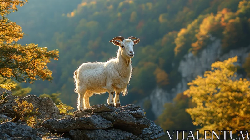 Goat on Rocky Mountain with Autumn Forest AI Image