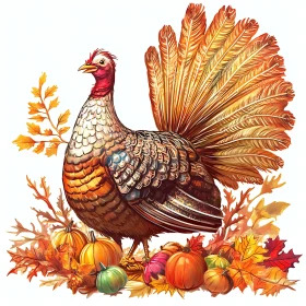 Autumnal Turkey with Pumpkins and Leaves