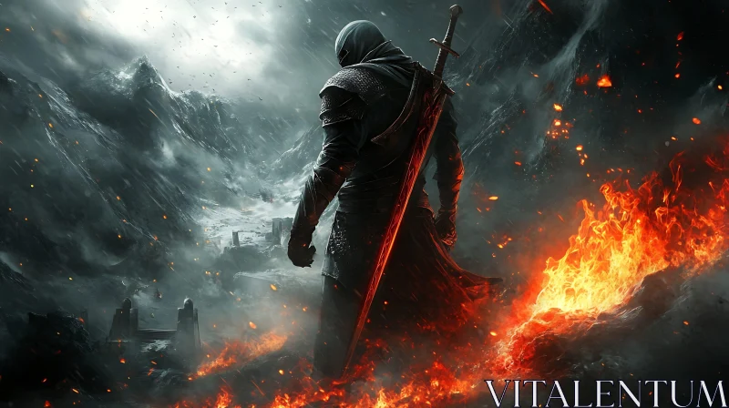 Hooded Warrior in Fiery Landscape AI Image