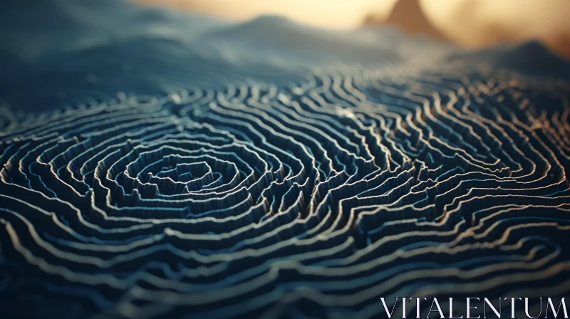 3D Rendered Forest with Topographic Patterns and Ocean Waves AI Image