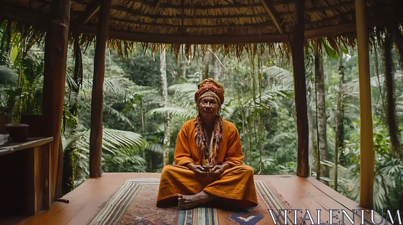 Serene Woman Meditating in Forest Shelter AI Image