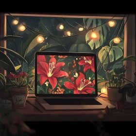 Nighttime Desk with Floral Laptop Wallpaper