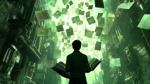 Surreal Bookscape: Floating Pages of Wisdom