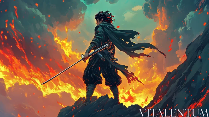 Fierce Warrior with Sword in Burning Landscape AI Image