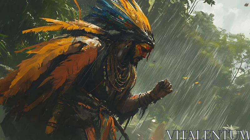 Tribal Man Portrait in the Rain AI Image