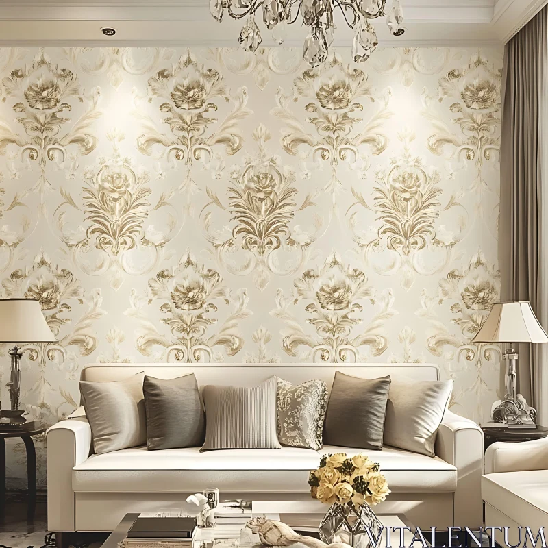 Luxurious Interior Decor with Floral Wallpaper AI Image