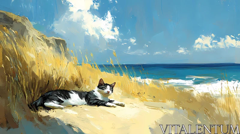 Relaxing Cat by the Sea AI Image