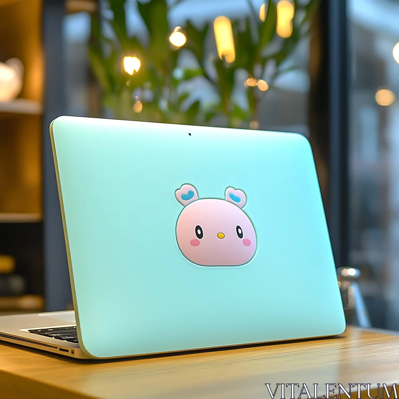 Cute Kawaii Sticker Adorns Turquoise Laptop AI Image