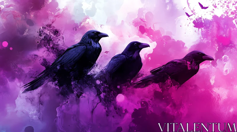 Three Ravens Perched in Watercolor Sky AI Image