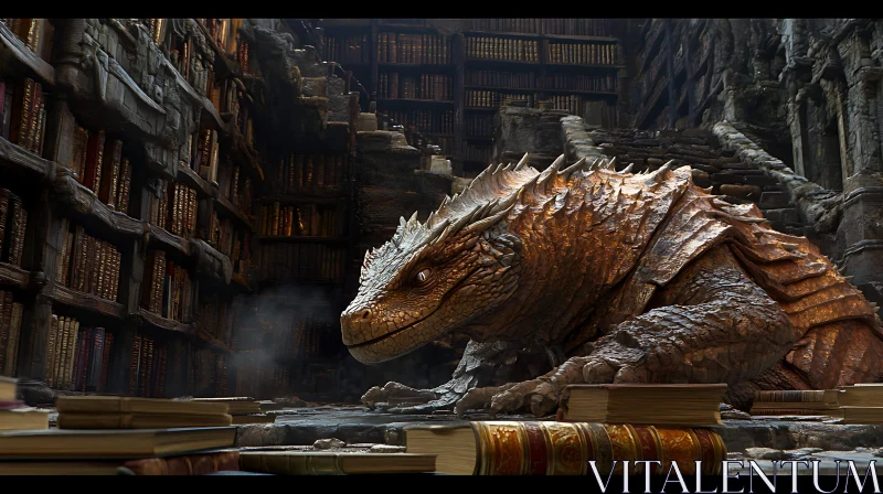 AI ART Ancient Dragon Guarding Library Books