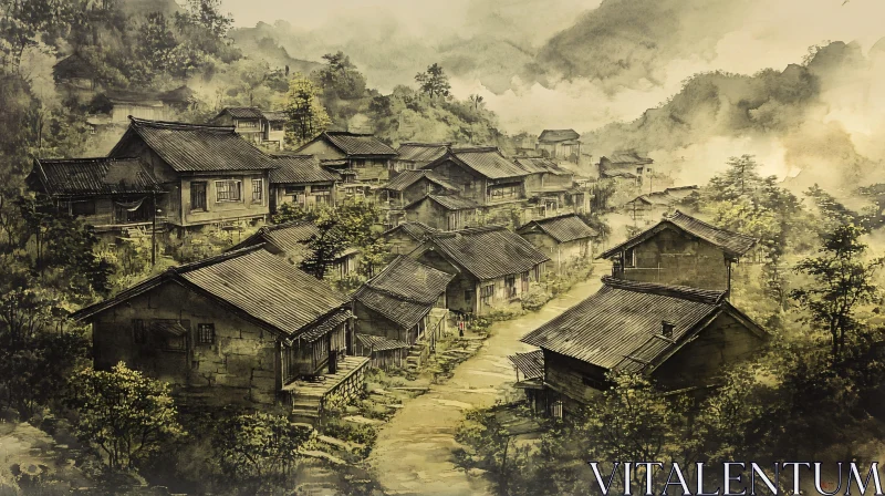 Traditional Village Landscape Art AI Image