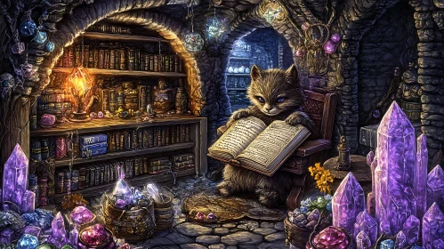 Cat Reading in a Crystal Library