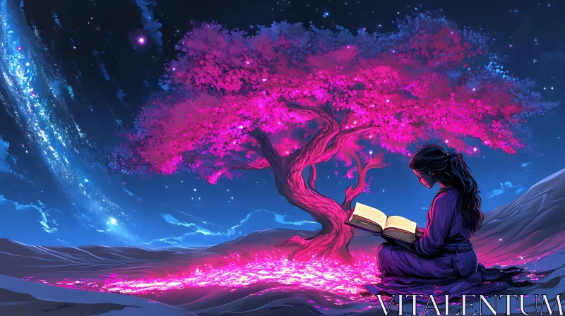 AI ART Woman Reading Book Under Pink Tree